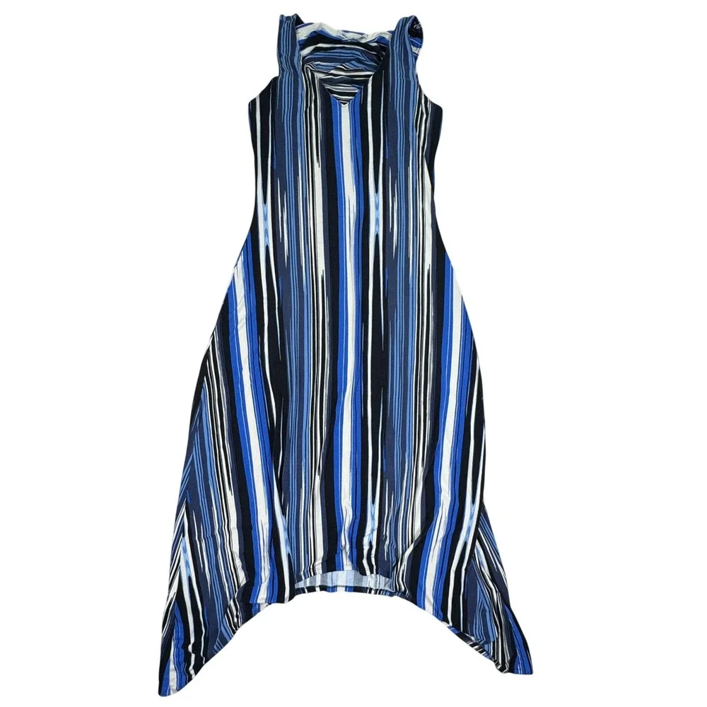 Tommy Bahama Women's Dress Ikat Stripe Blue XS Sleeveless Handkerchief Hem - Picture 2 of 8